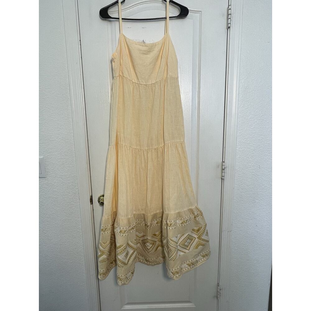 Haris Cotton Linen Dress Size S Yellow Spaghetti Strap Embroidered Sun Dress
